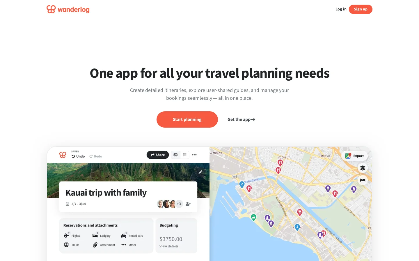 Wanderlog travel planner Homepage screenshot