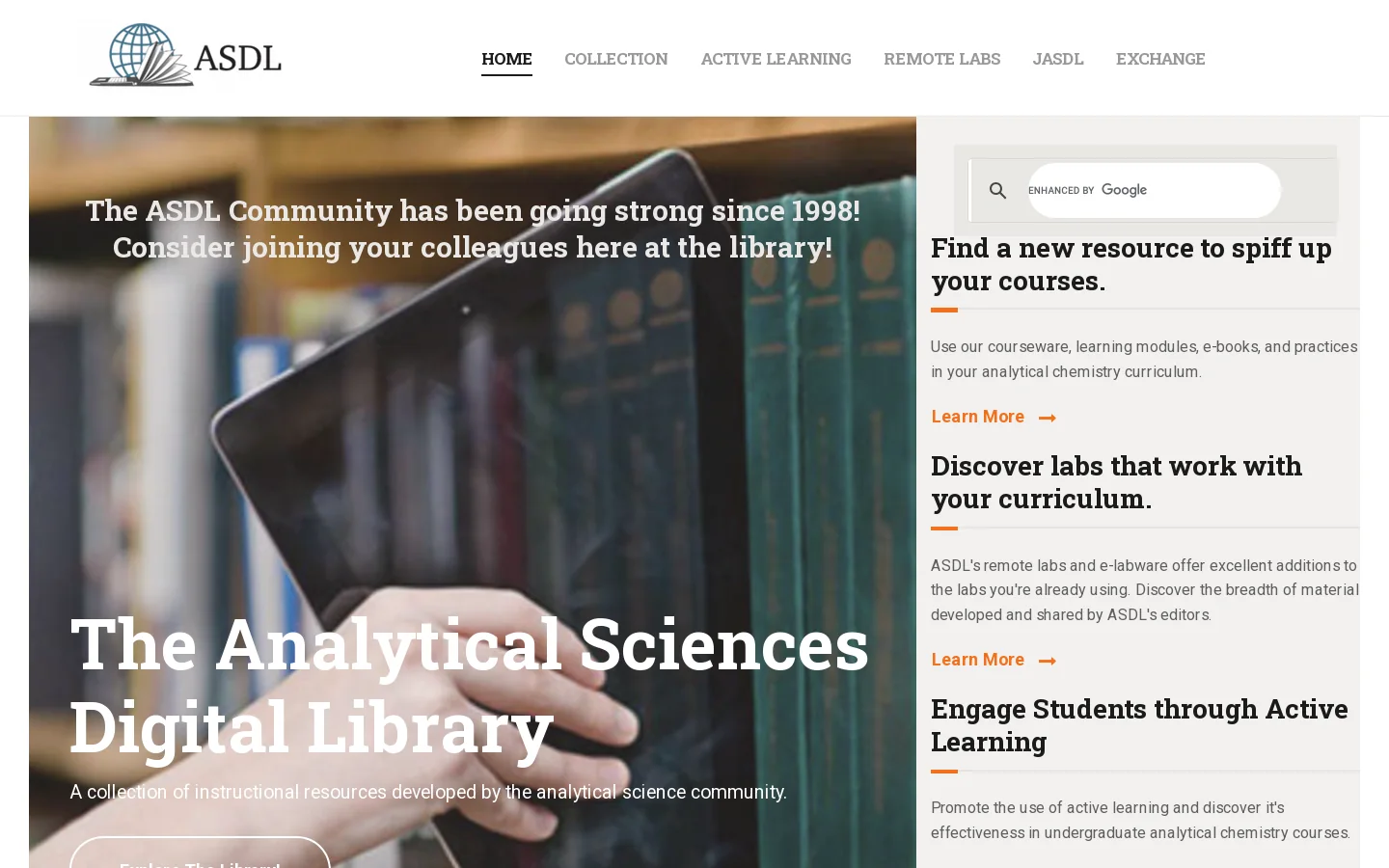 Analytical Sciences Digital Library | Peer-reviewed resources for teaching analytical chemistry Homepage screenshot