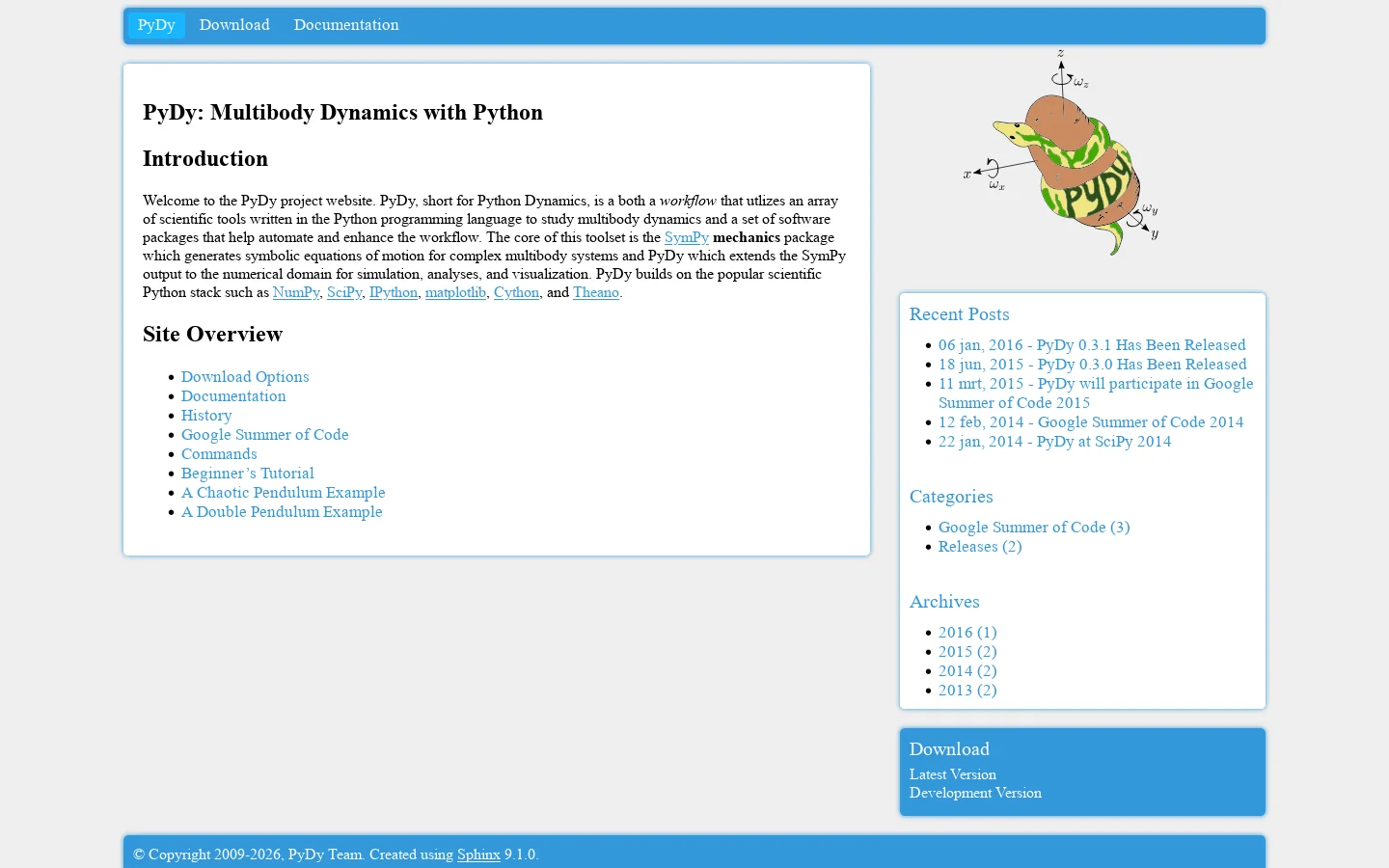 PyDy Homepage screenshot