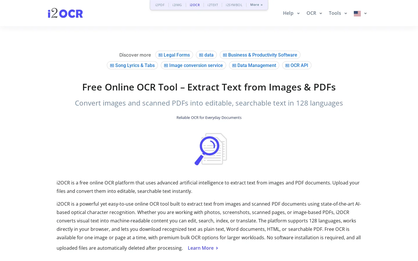 i2OCR Homepage screenshot