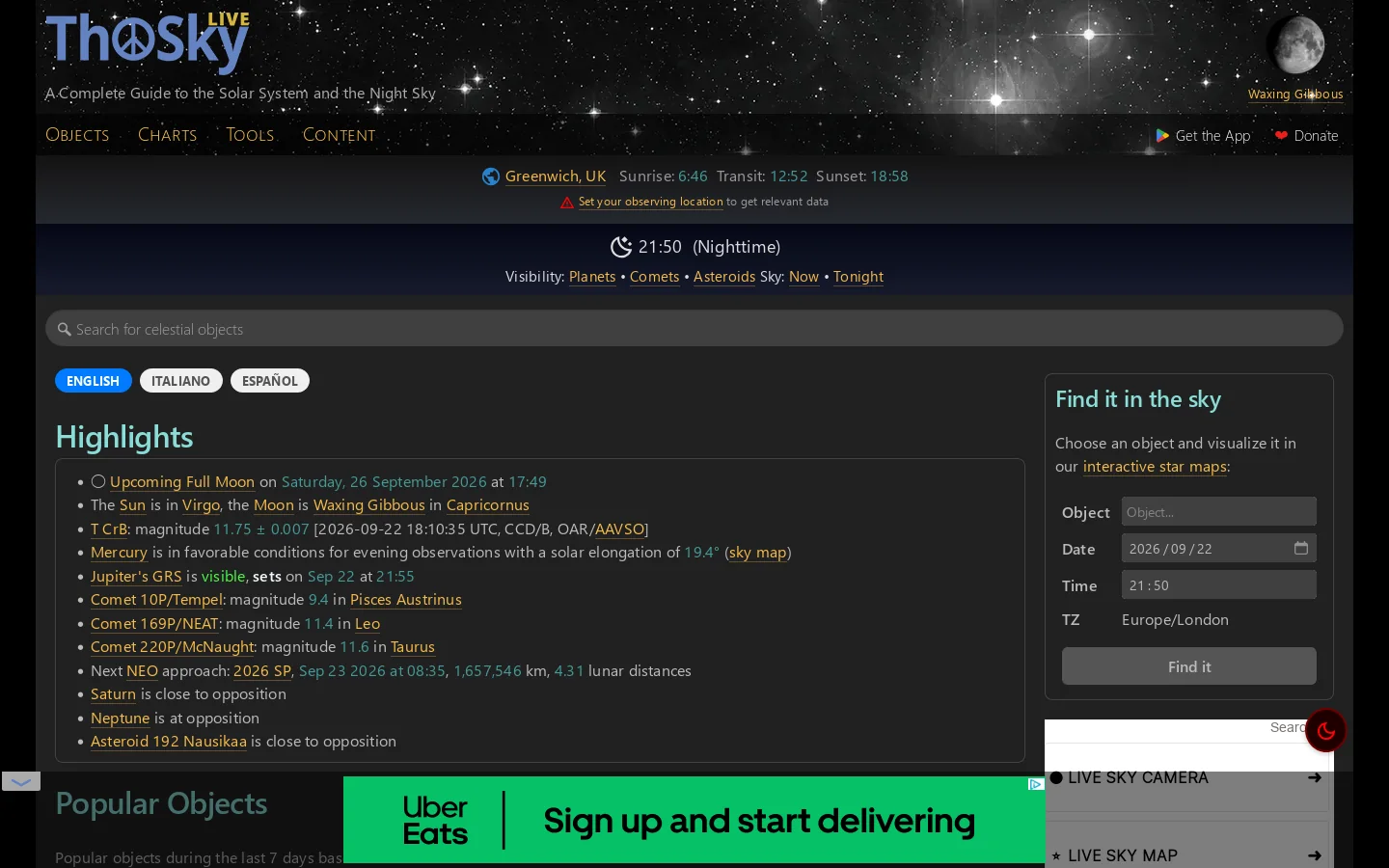 TheSkyLive Homepage screenshot