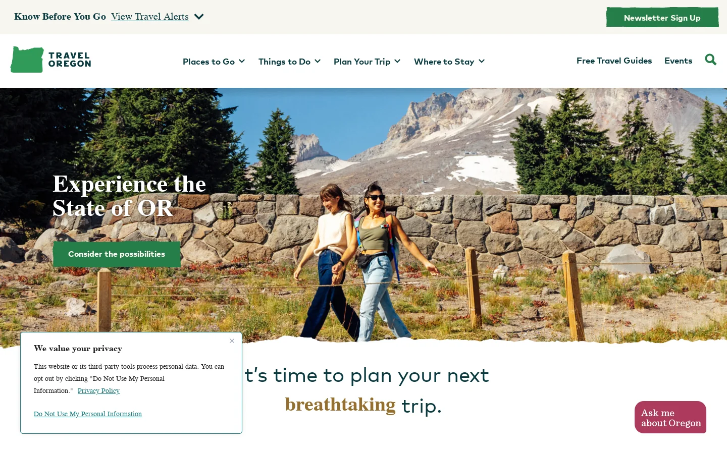 Travel Oregon Homepage screenshot