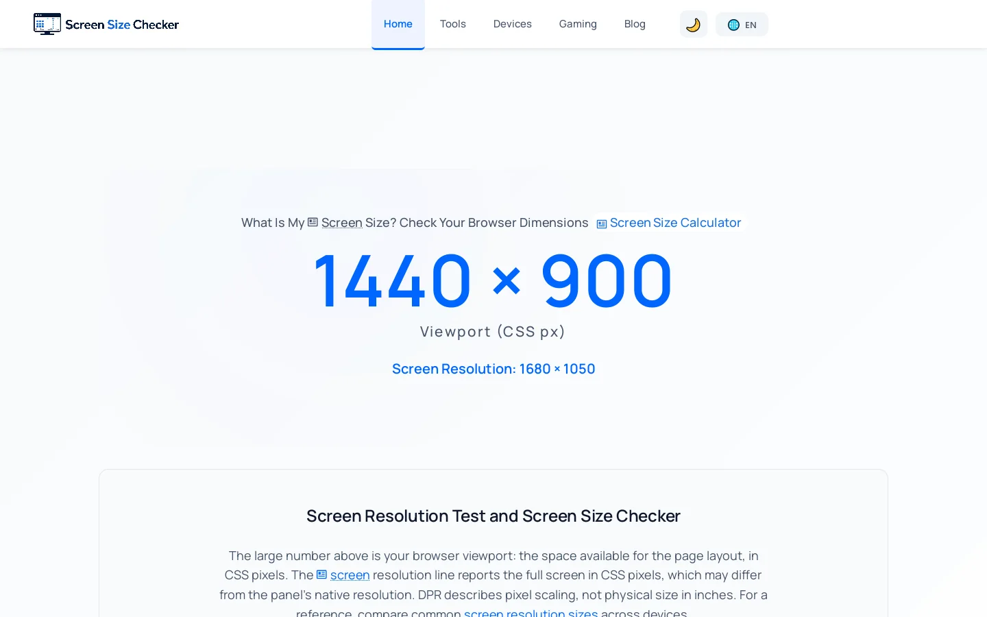What Is My Screen Size? Instant Screen Resolution Checker Homepage screenshot