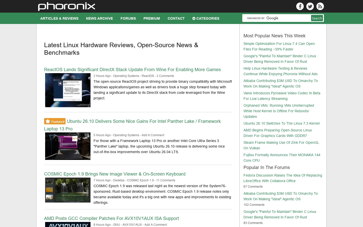 Phoronix Homepage screenshot