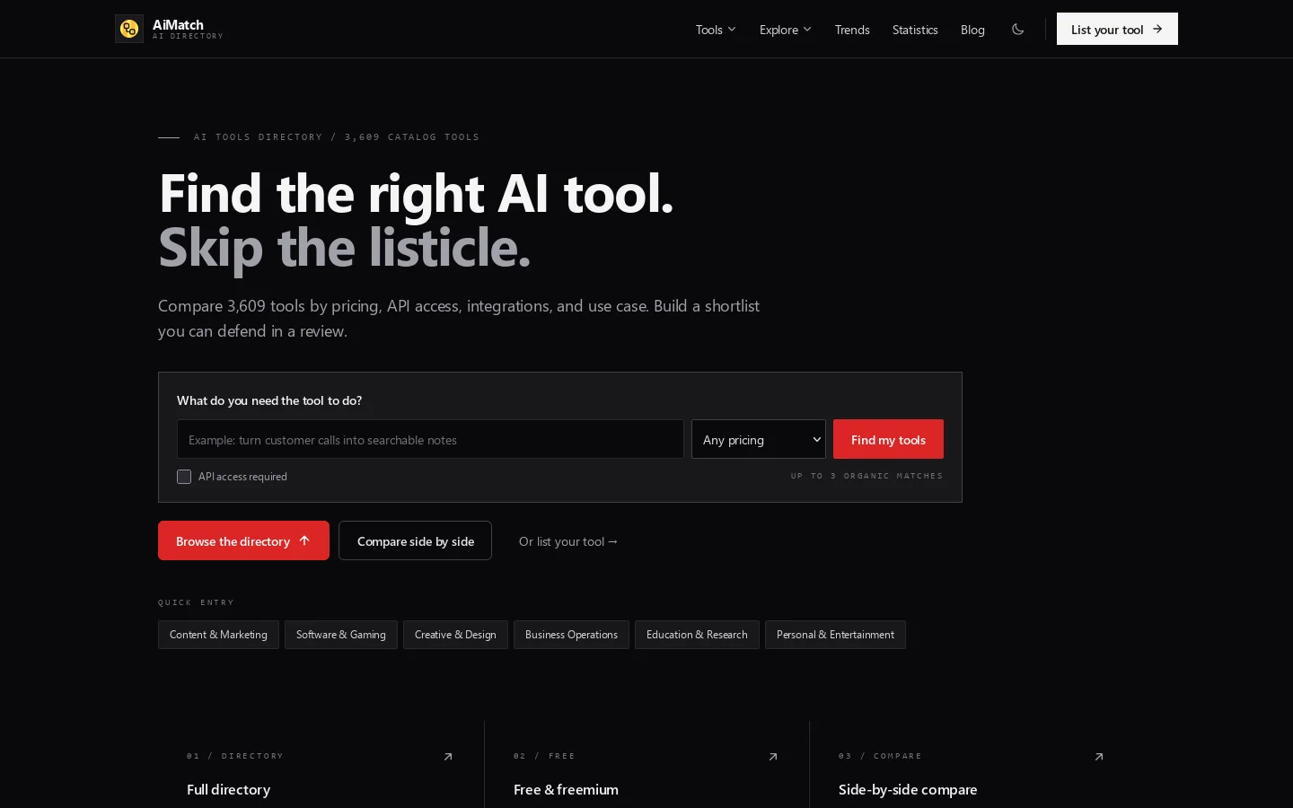 AiMatch AI Tools Directory 2026 Homepage screenshot