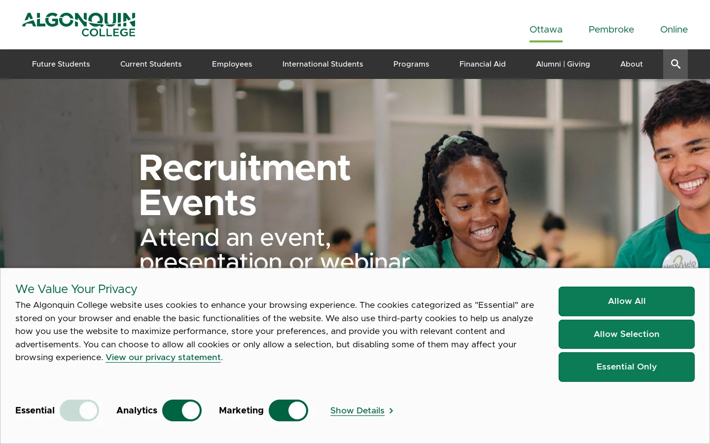 Algonquin College Homepage screenshot