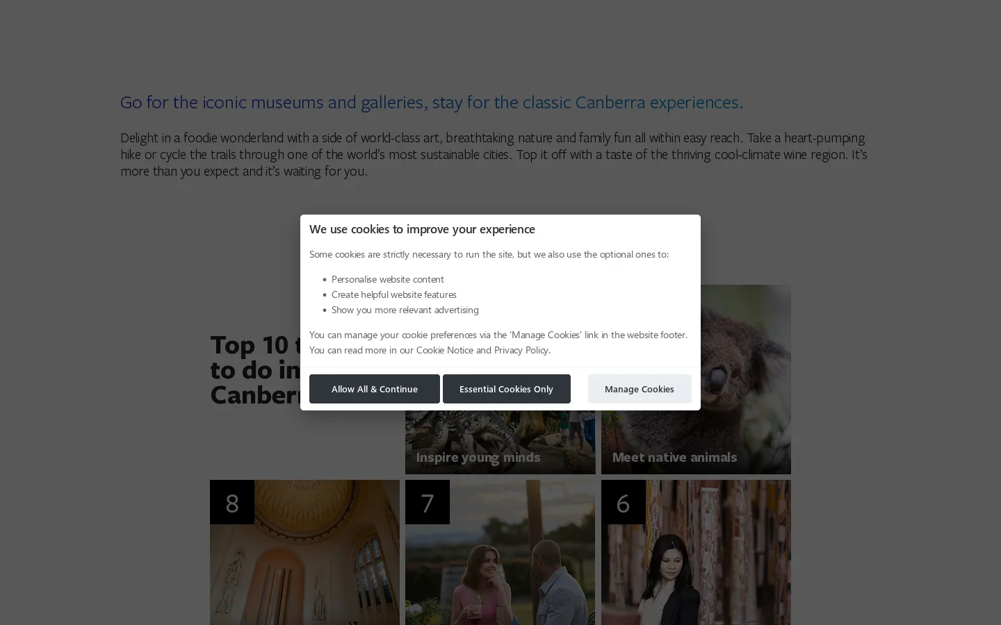 VisitCanberra Homepage screenshot