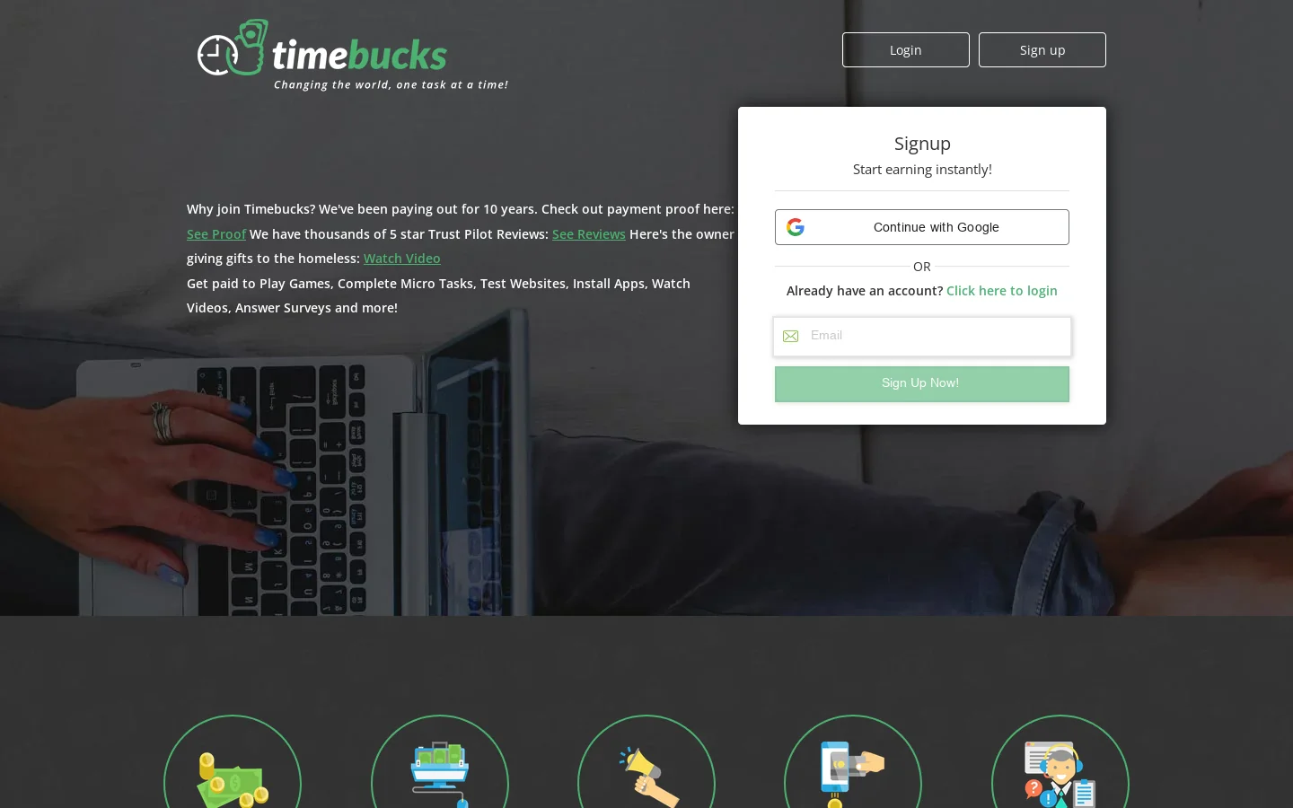 TimeBucks Homepage screenshot