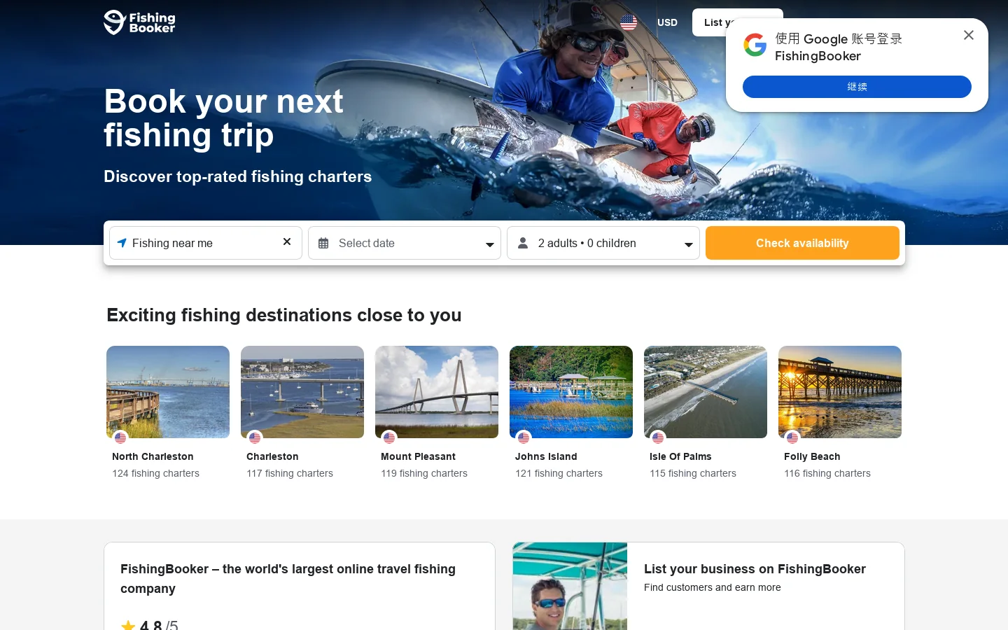 FishingBooker Homepage screenshot