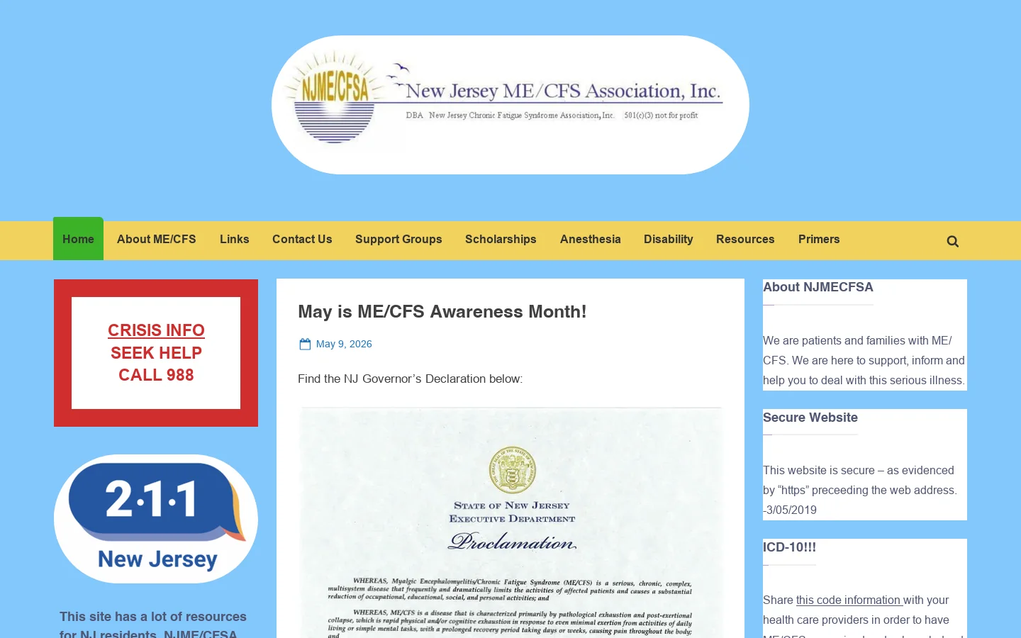 NJ ME/CFSA – This website is secure – as evidenced by “https” preceeding the web address. 3/05/2019 Homepage screenshot
