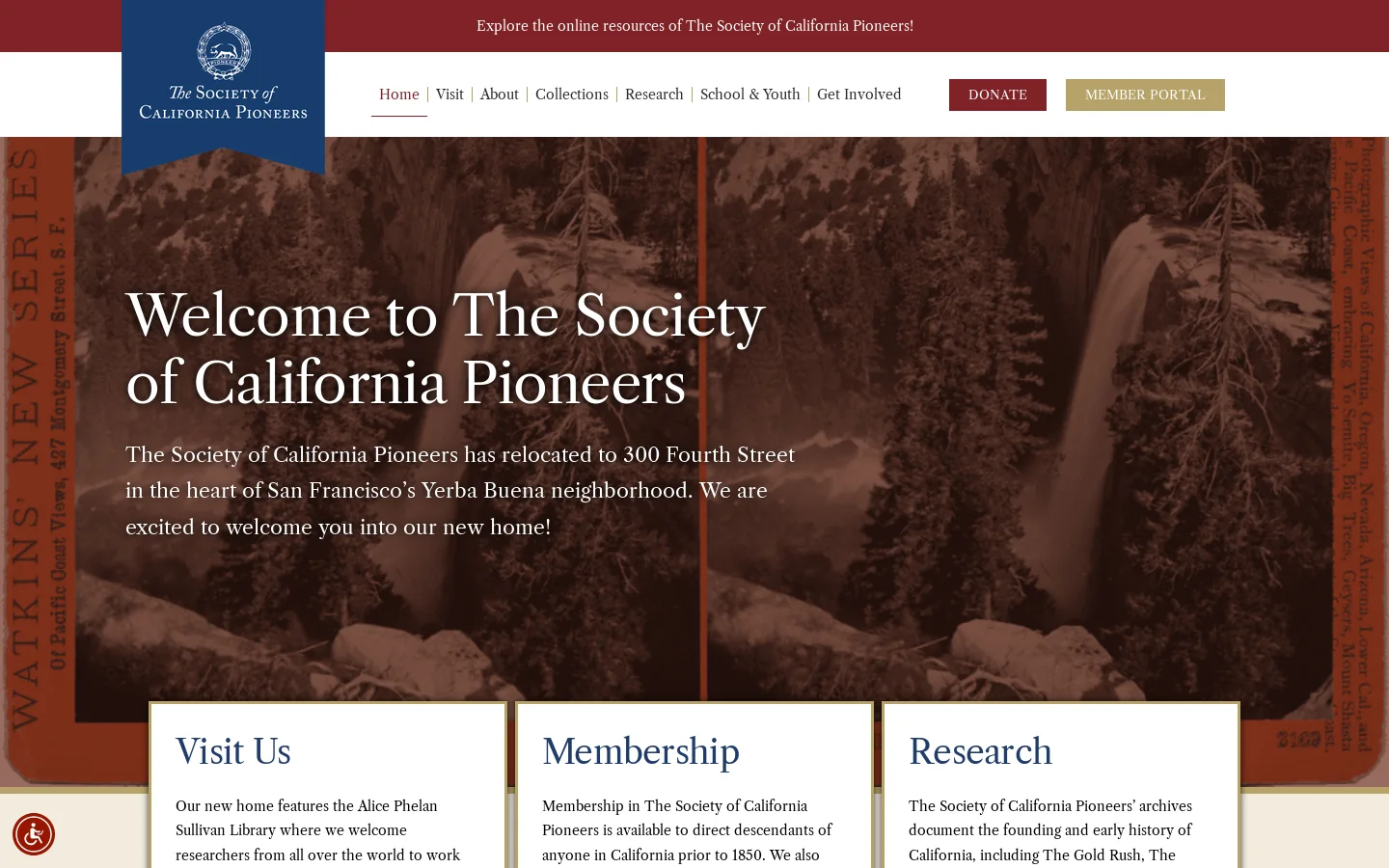The Society of California Pioneers | Museum & Library Homepage screenshot