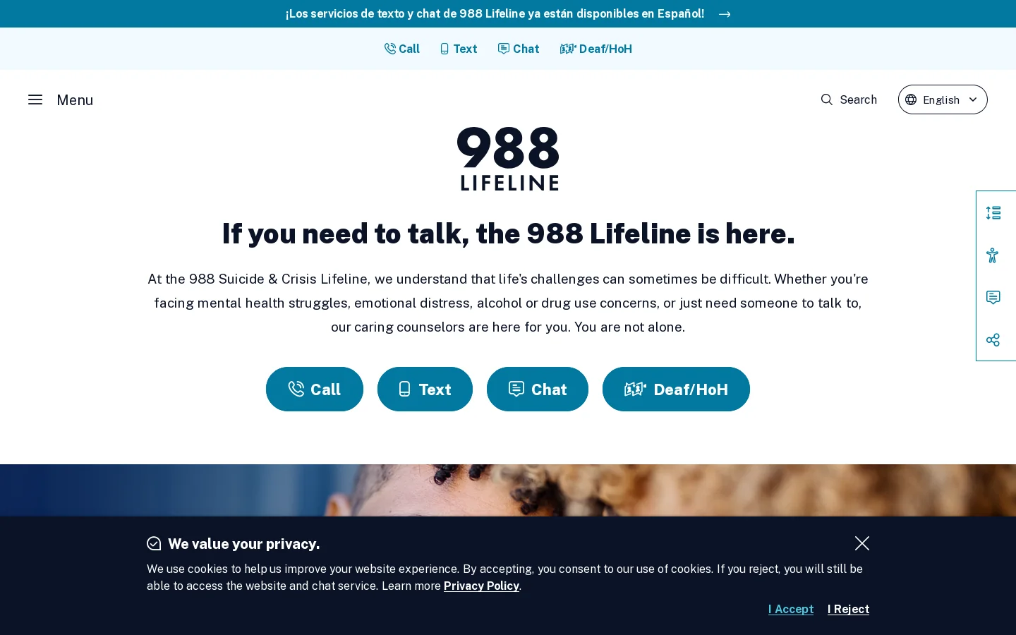 988 Lifeline Homepage screenshot