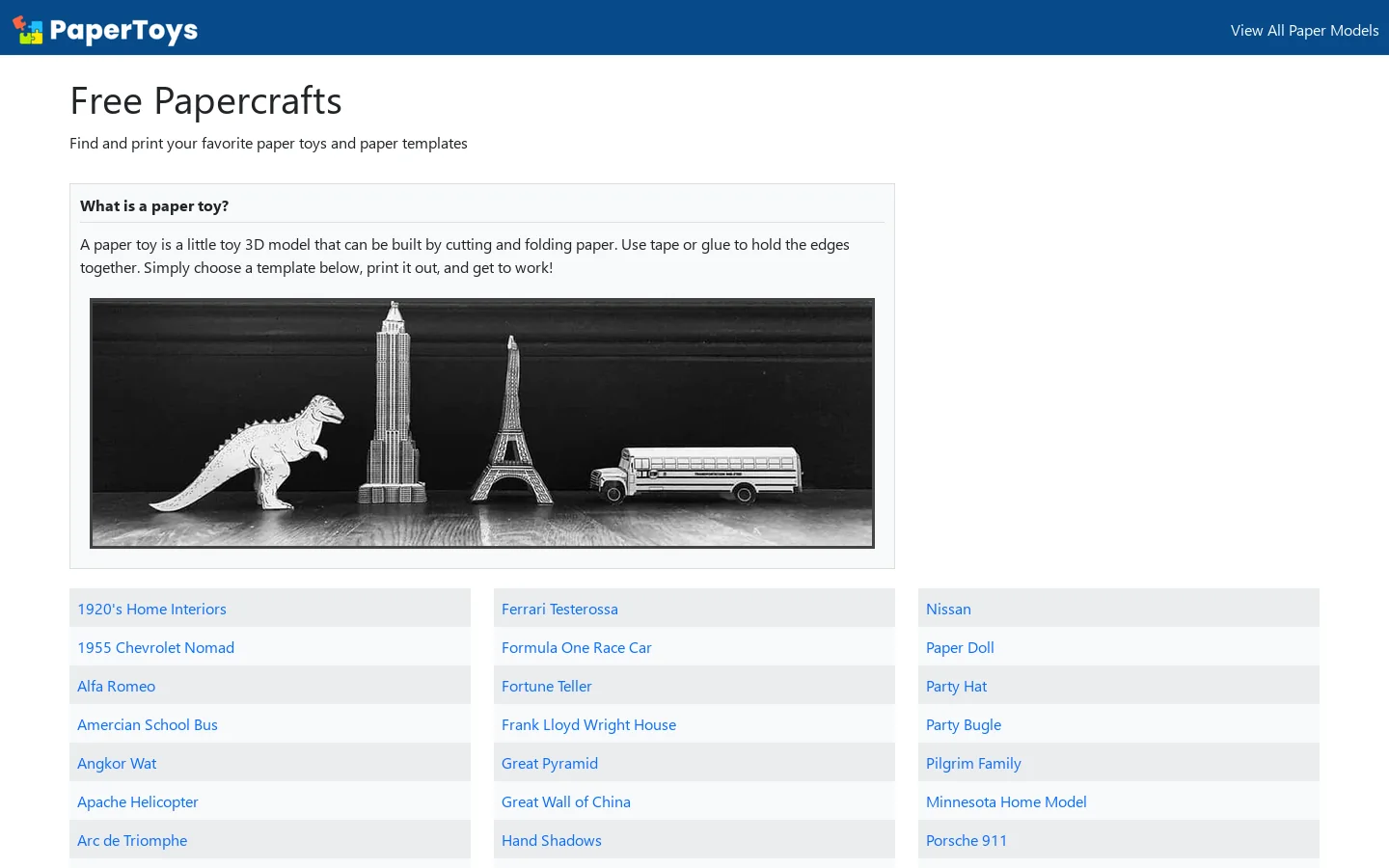 Paper Toys Homepage screenshot
