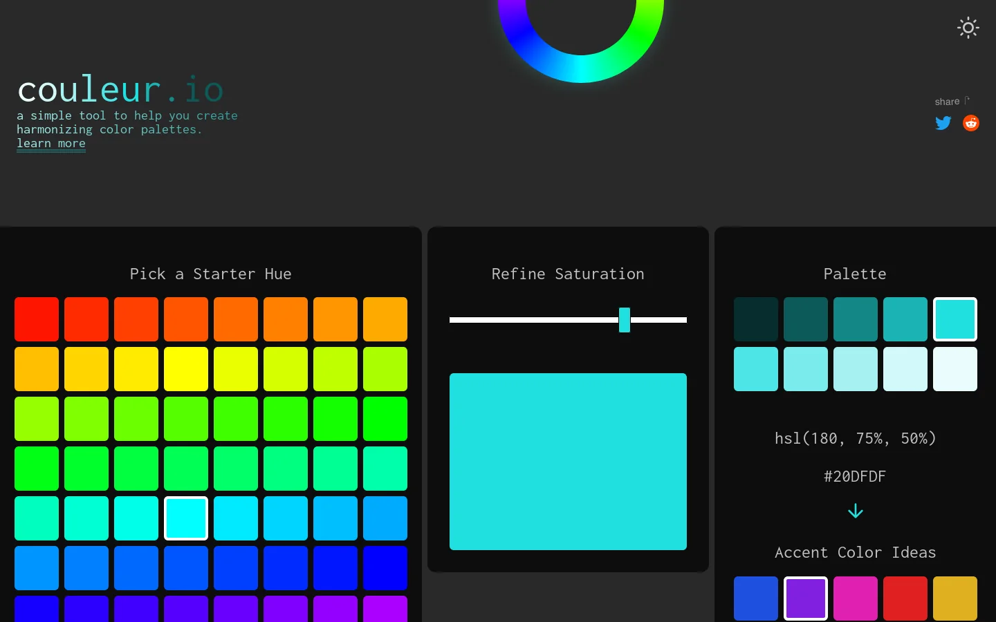 couleur.io → Harmonizing Color Palettes for Your Web Projects Homepage screenshot