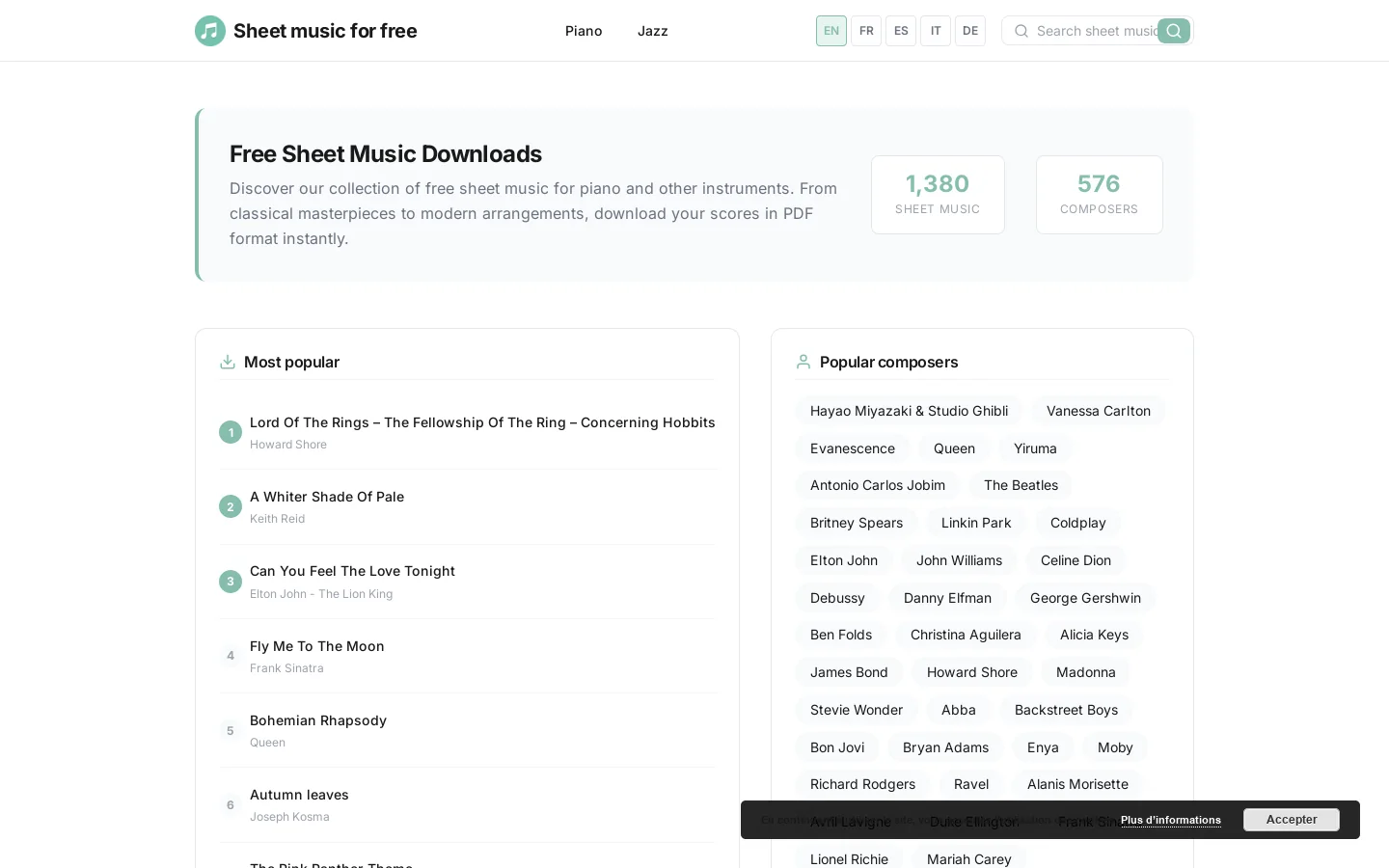 Sheet music for free Homepage screenshot