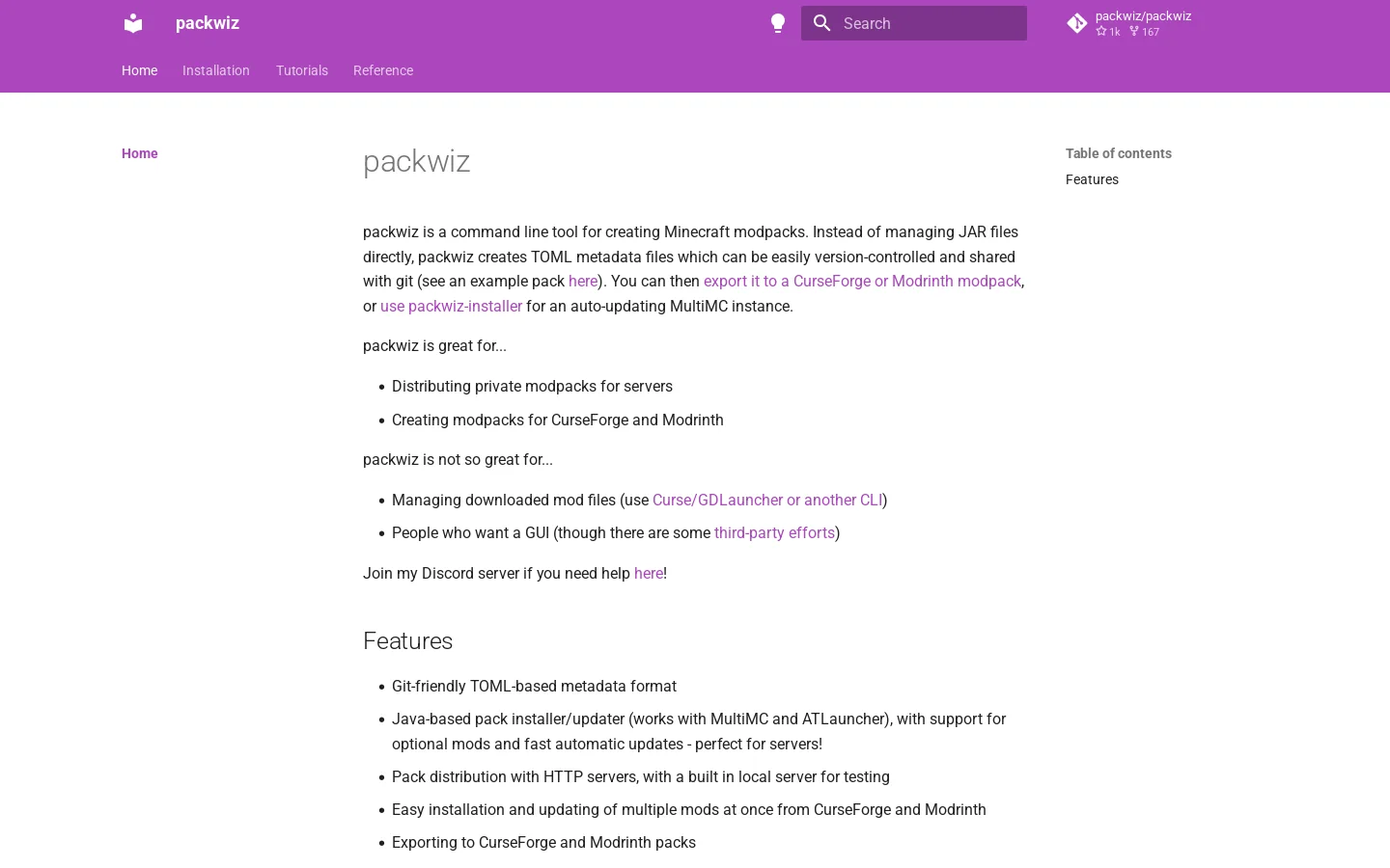 packwiz Homepage screenshot
