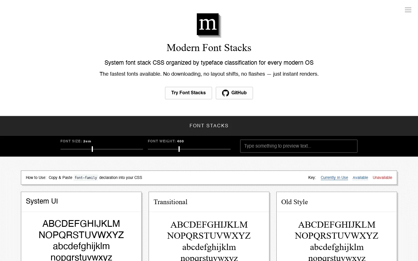 Modern Font Stacks Homepage screenshot