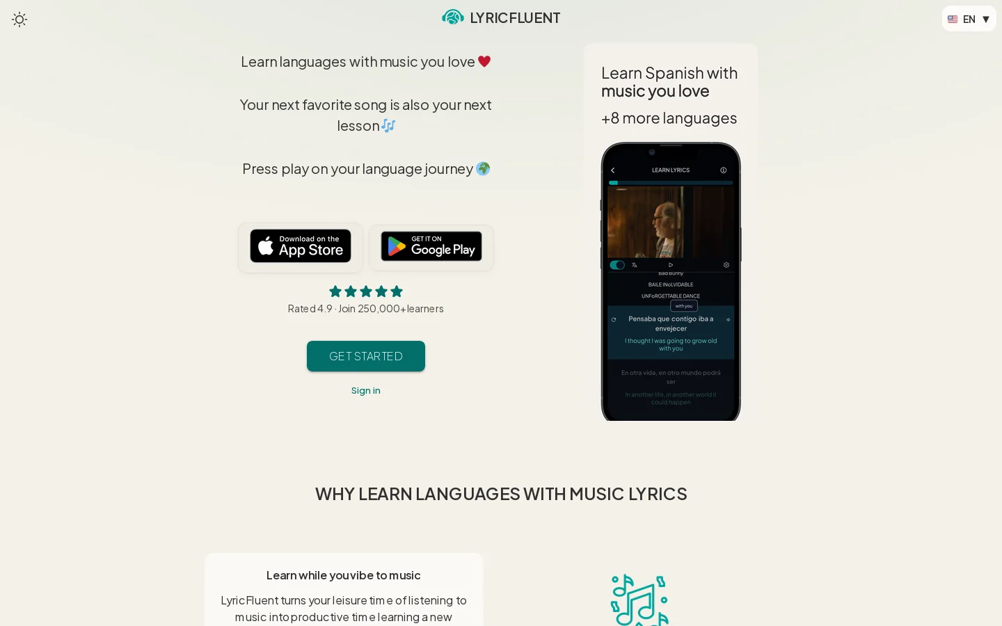 LyricFluent Homepage screenshot