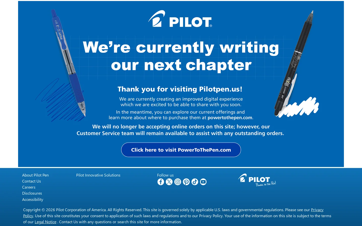 Pilot Pen Homepage screenshot