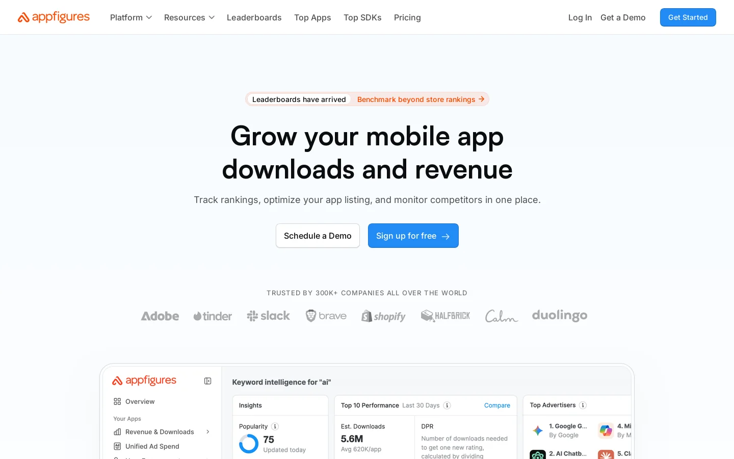 Appfigures Homepage screenshot