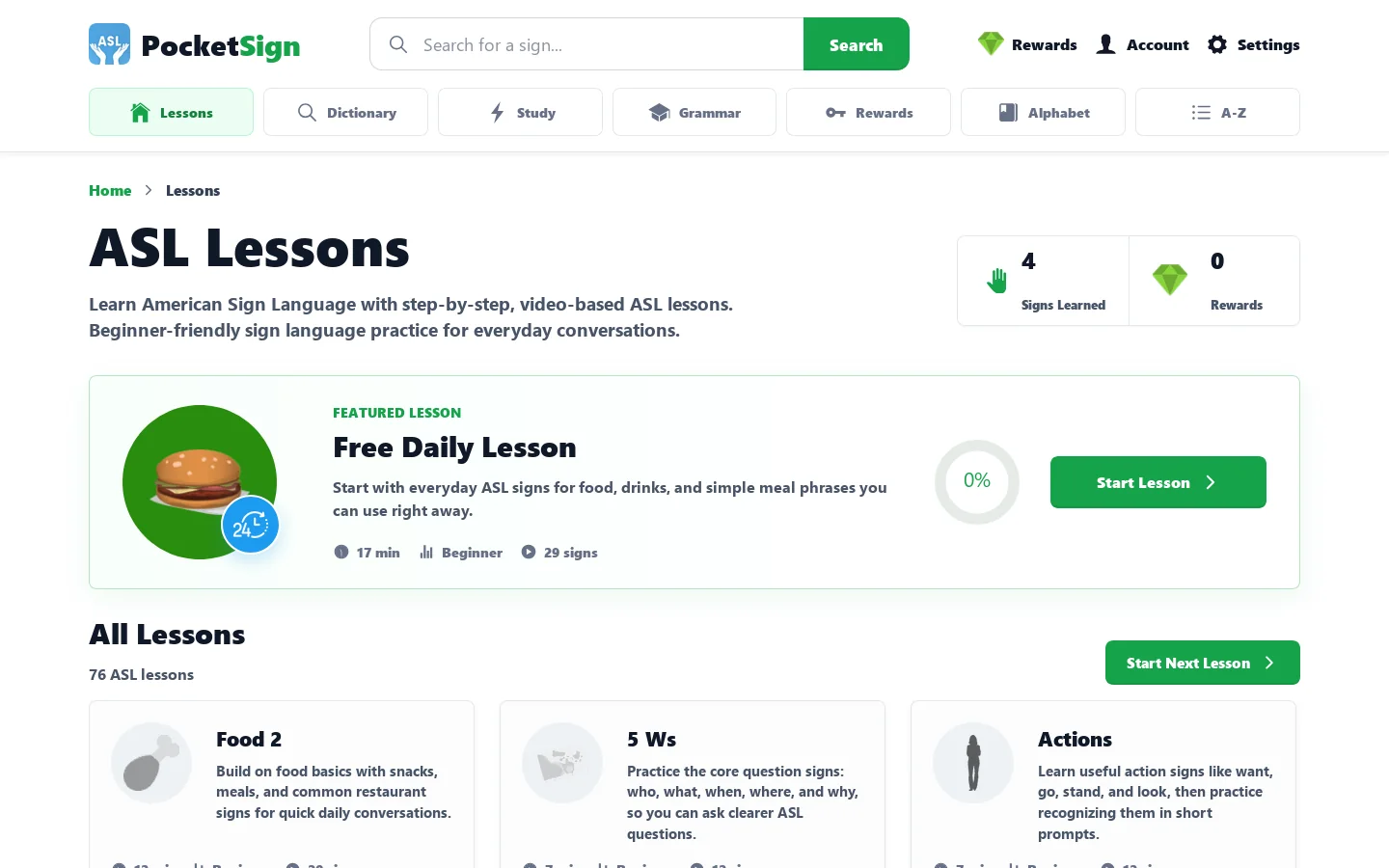 ASL Lessons - Learn American Sign Language Online Homepage screenshot