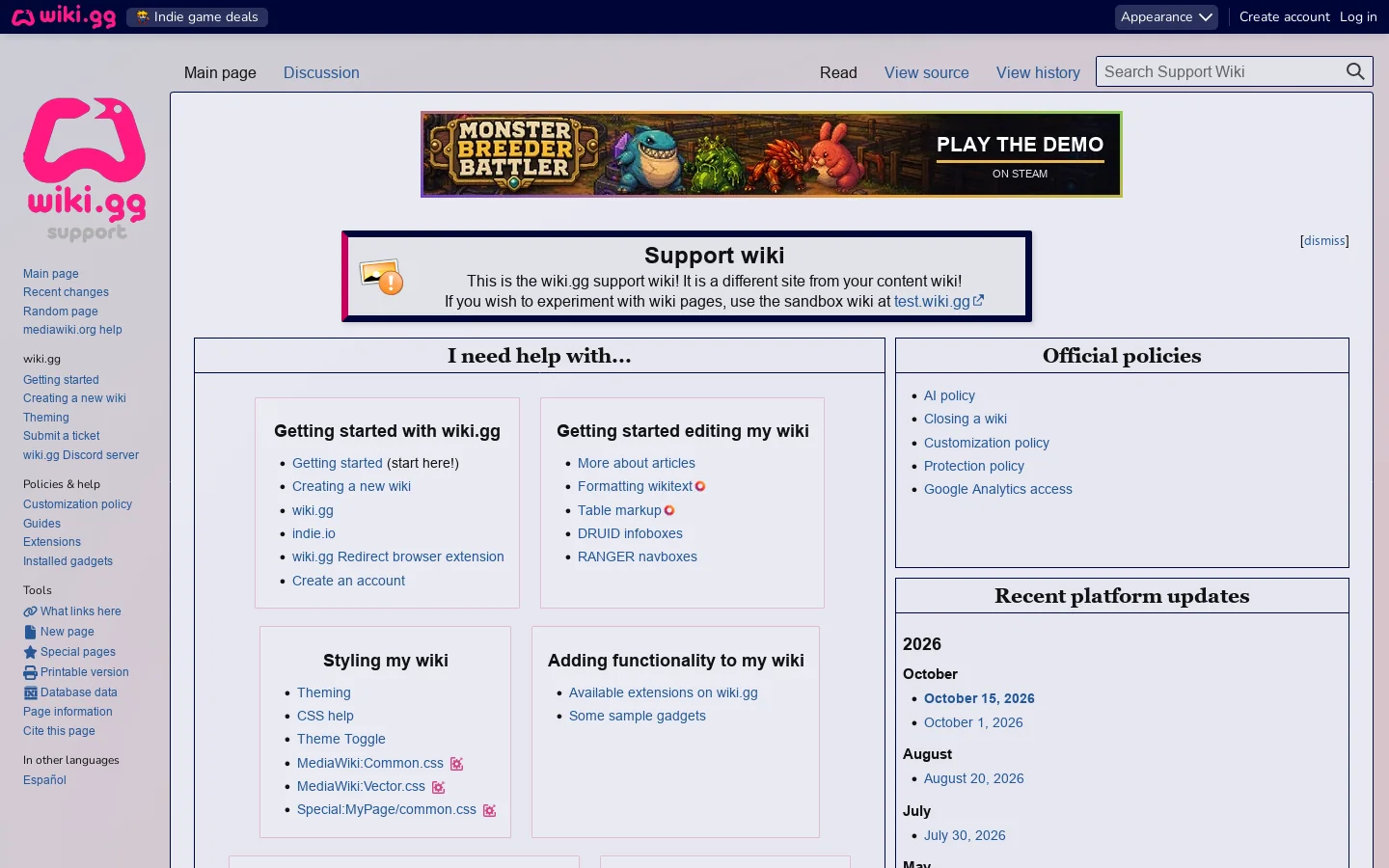 wiki.gg Support Wiki Homepage screenshot