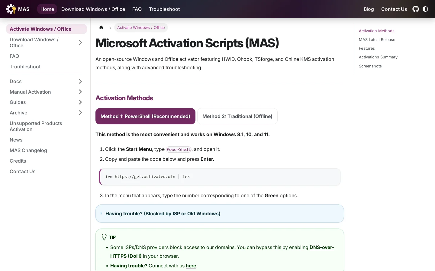 Microsoft Activation Scripts | MAS Homepage screenshot