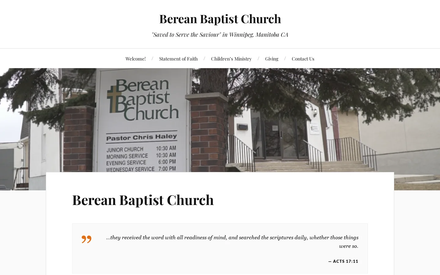 Berean Baptist Church – "Saved to Serve the Saviour" in Winnipeg, Manitoba CA Homepage screenshot