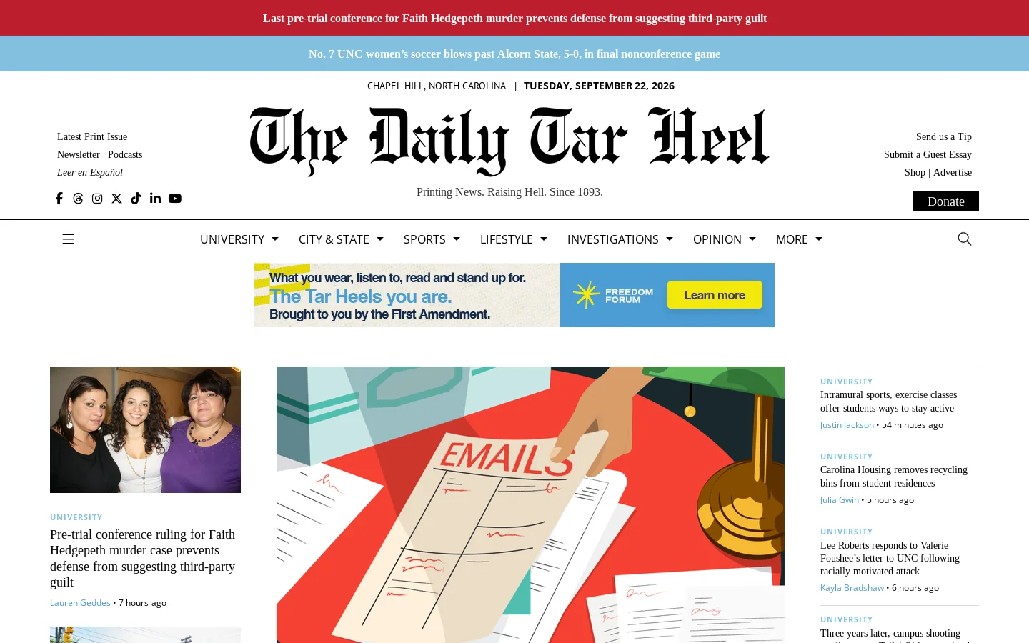 The Daily Tar Heel – Printing News. Raising Hell. Since 1893. Homepage screenshot
