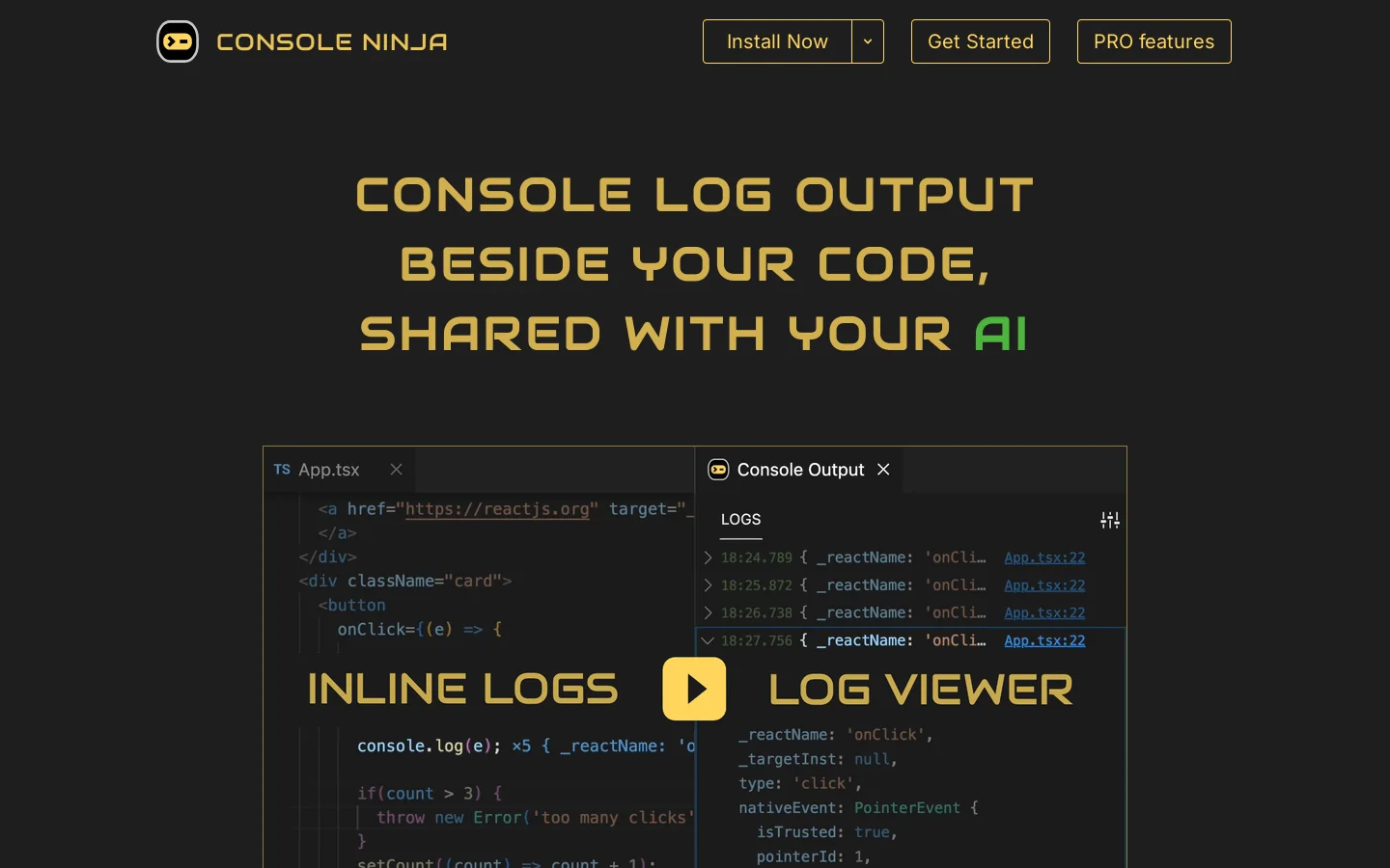 Console log output right next to your code Homepage screenshot