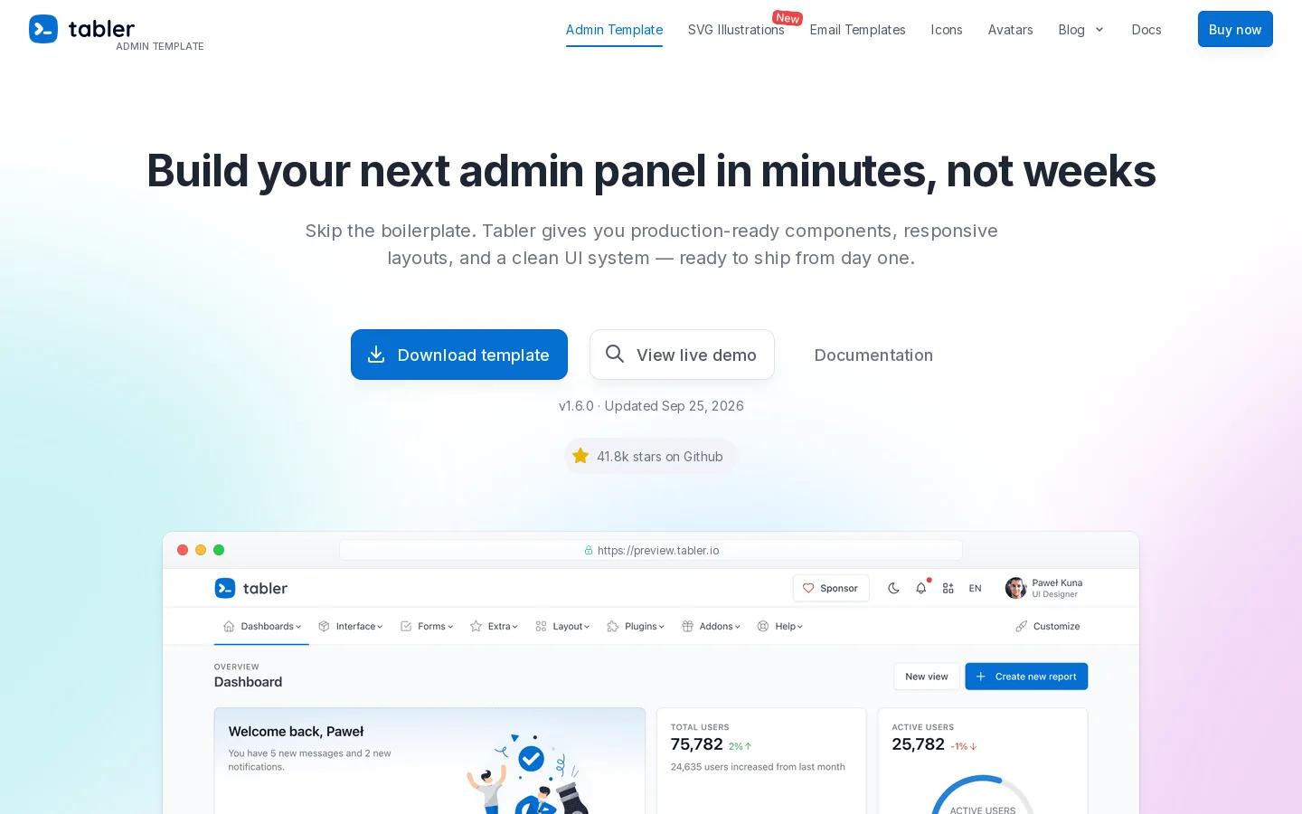Tabler Admin Template Homepage screenshot
