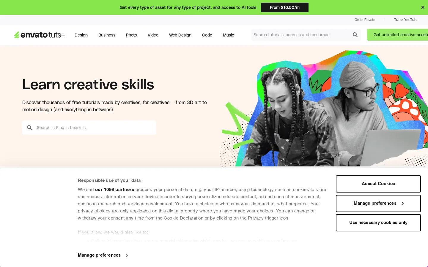 Free Courses, Tutorials, Tips & Tricks with Envato Tuts+ Homepage screenshot