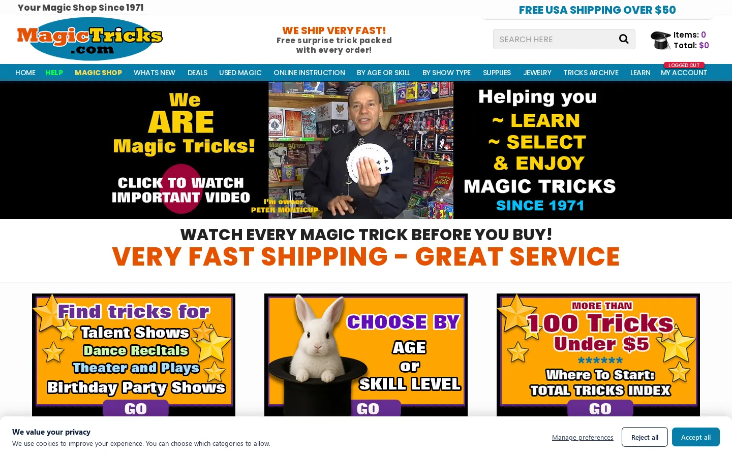 MagicTricks.com Magic Shop Homepage screenshot