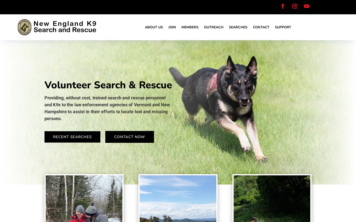 New England K9 Search and Rescue | without cost, trained search and rescue personnel and K9s to the law enforcement agencies of Vermont and New Hampshire to assist in their efforts to locate lost and missing persons. Homepage screenshot
