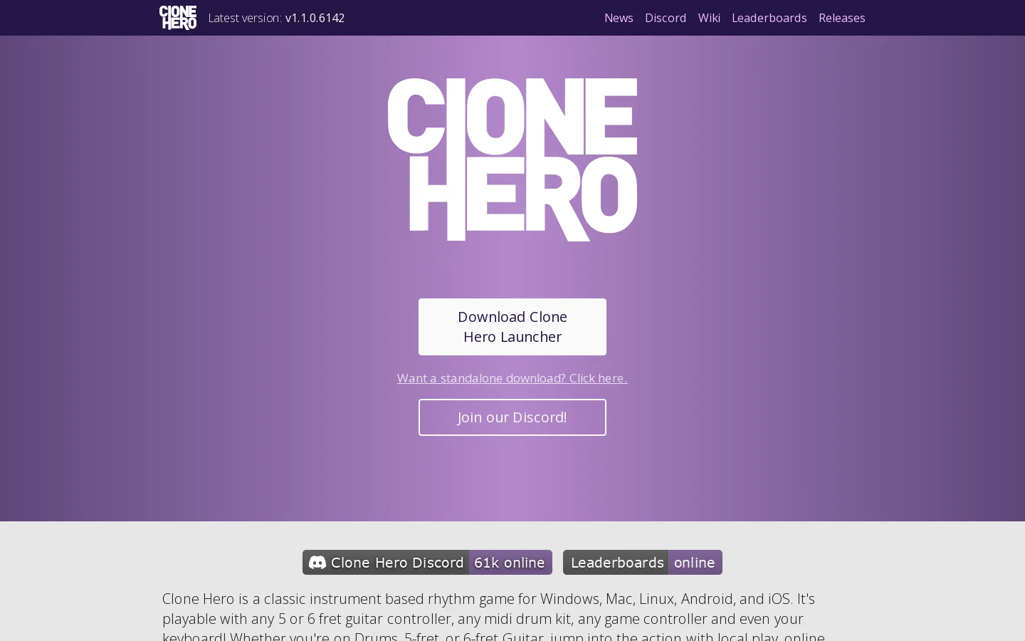 Clone Hero Homepage screenshot