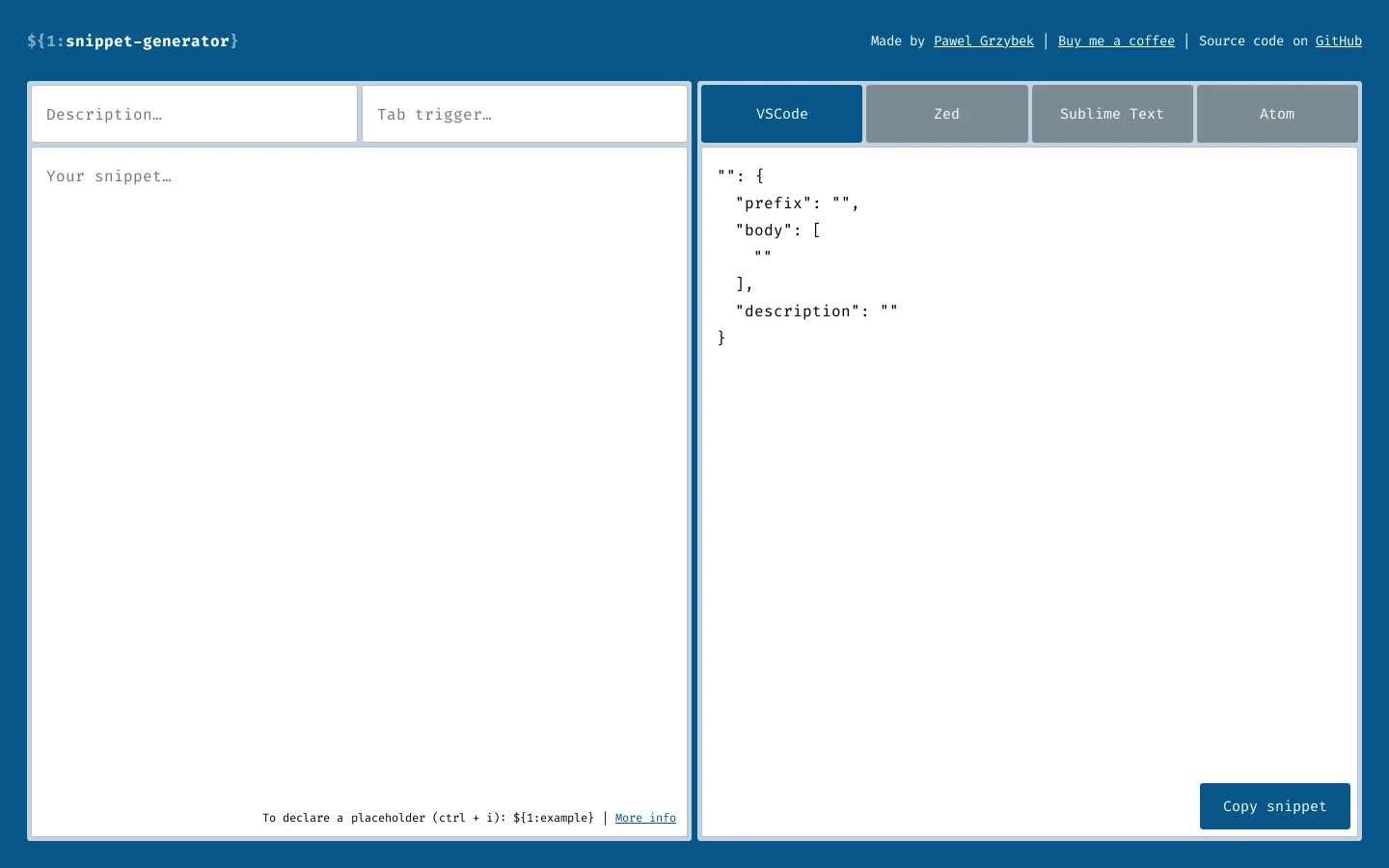 snippet generator Homepage screenshot