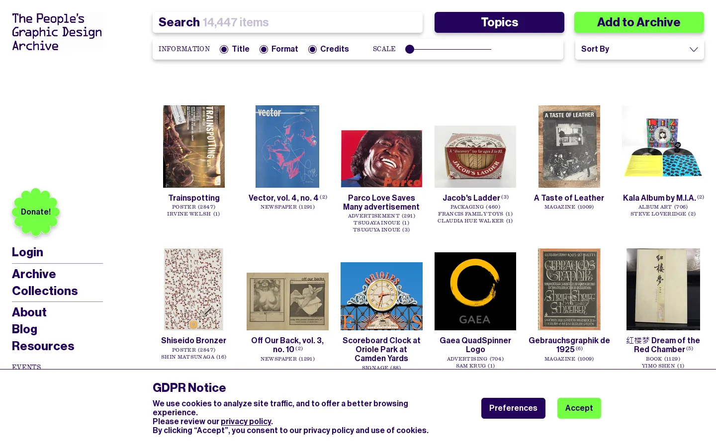 People’s Graphic Design Archive Homepage screenshot