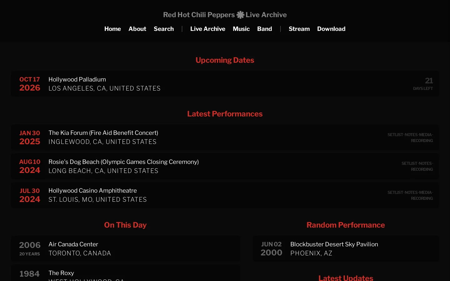 Red Hot Chili Peppers Live Archive Homepage screenshot
