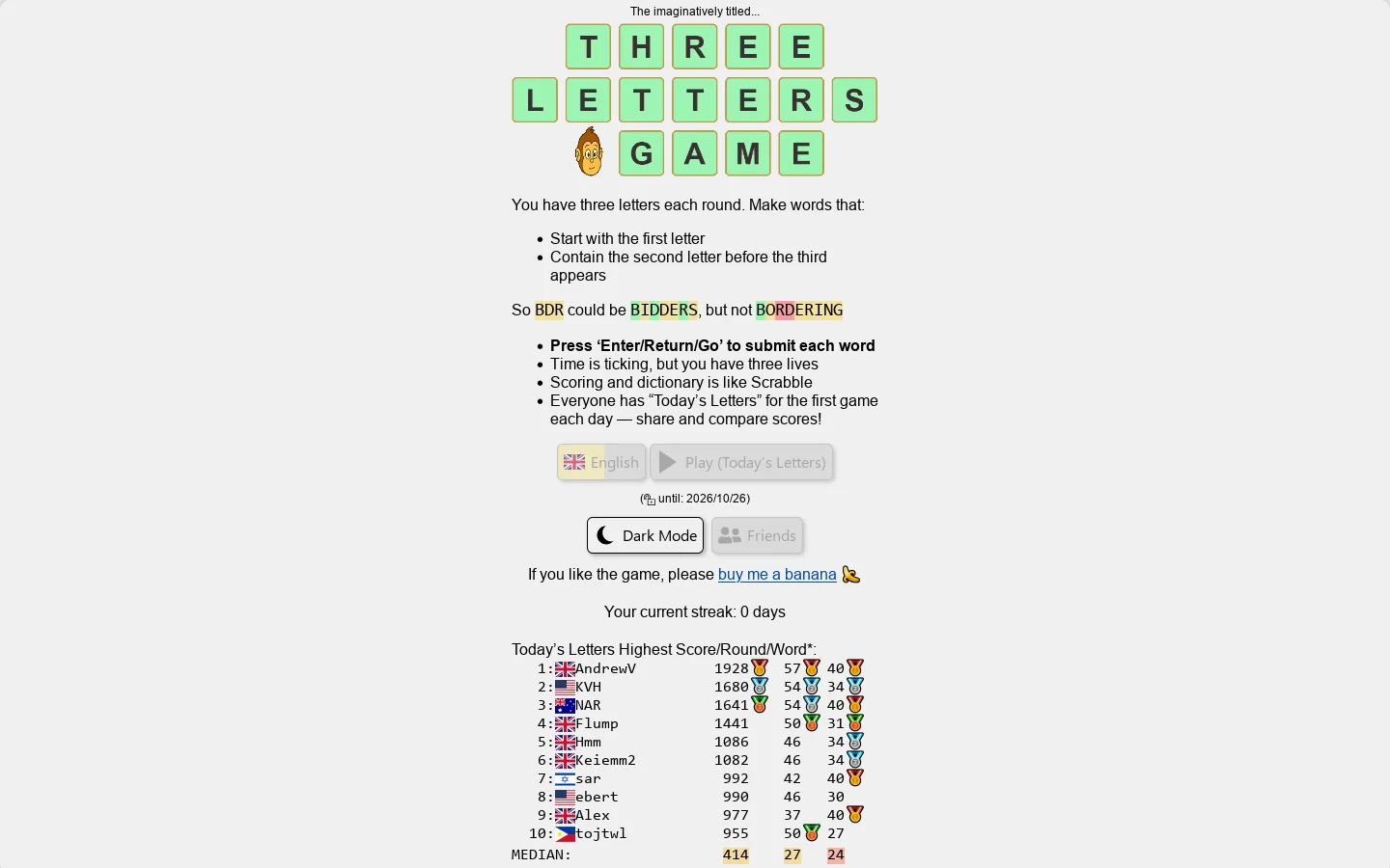 Three Letters Game Homepage screenshot