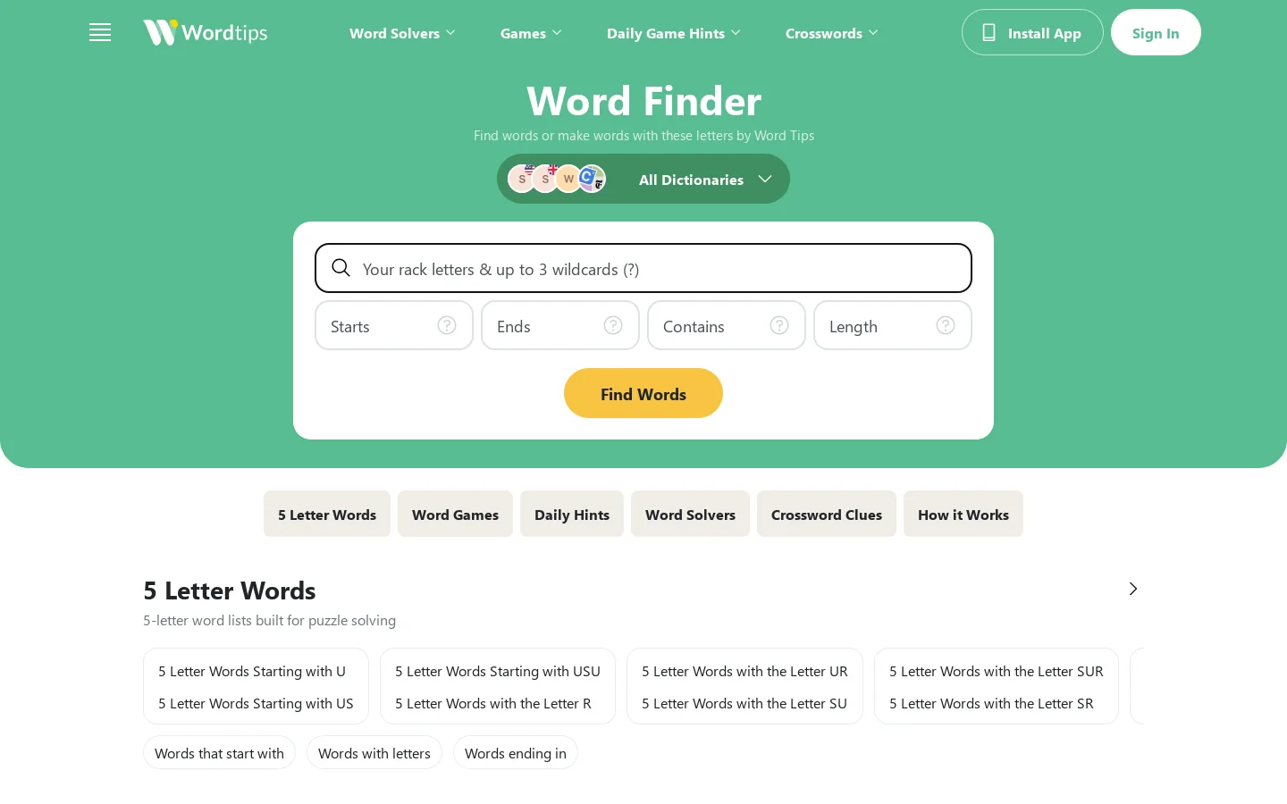 Word Finder Homepage screenshot