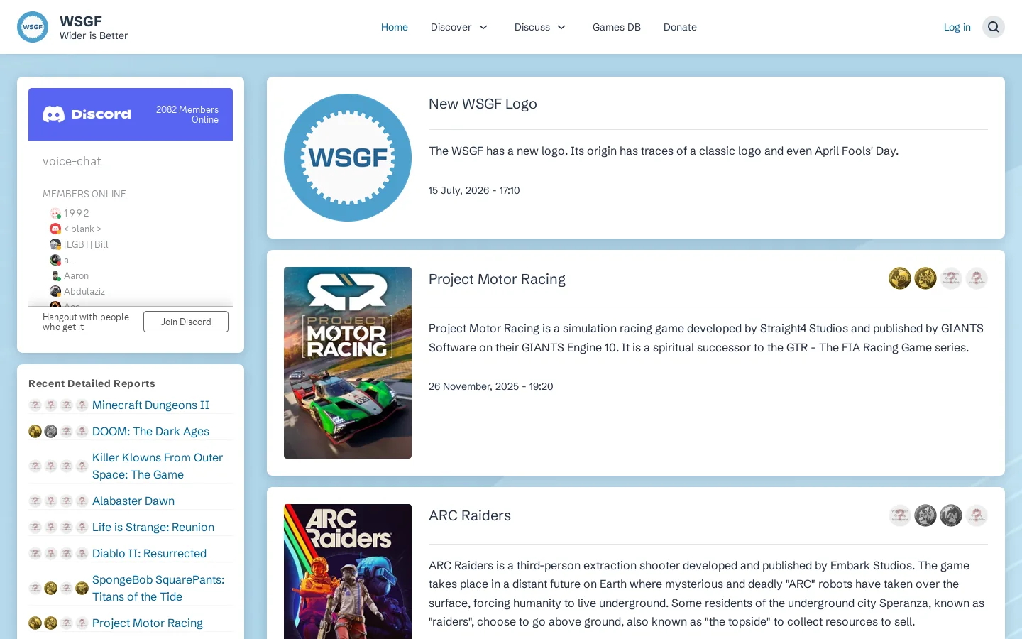 WSGF Homepage screenshot