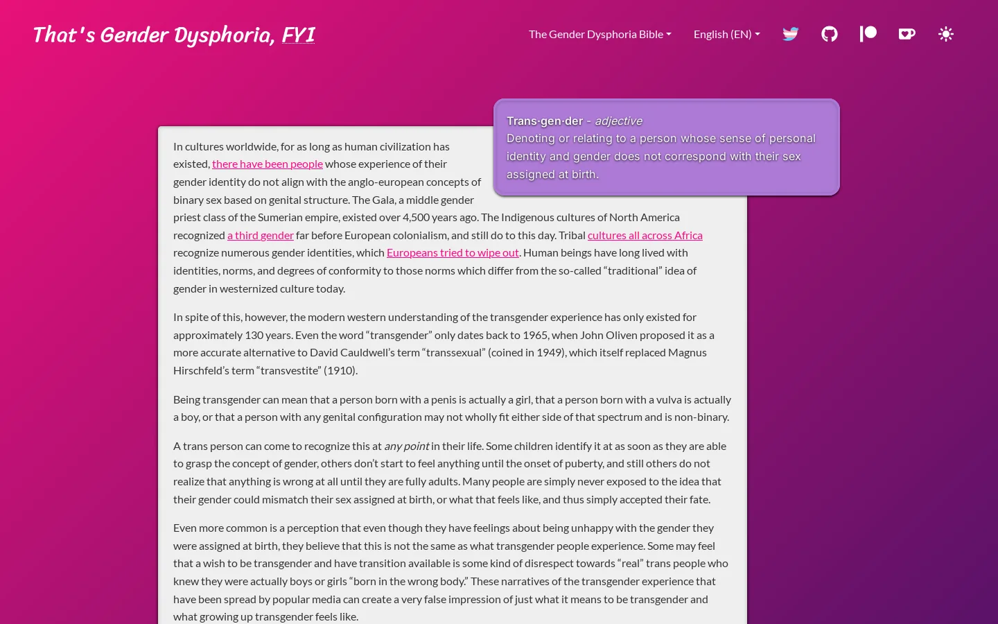 That's Gender Dysphoria, FYI Homepage screenshot