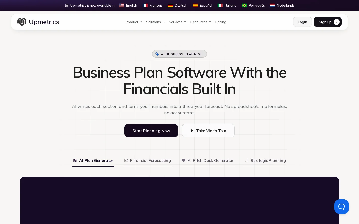 Upmetrics Homepage screenshot