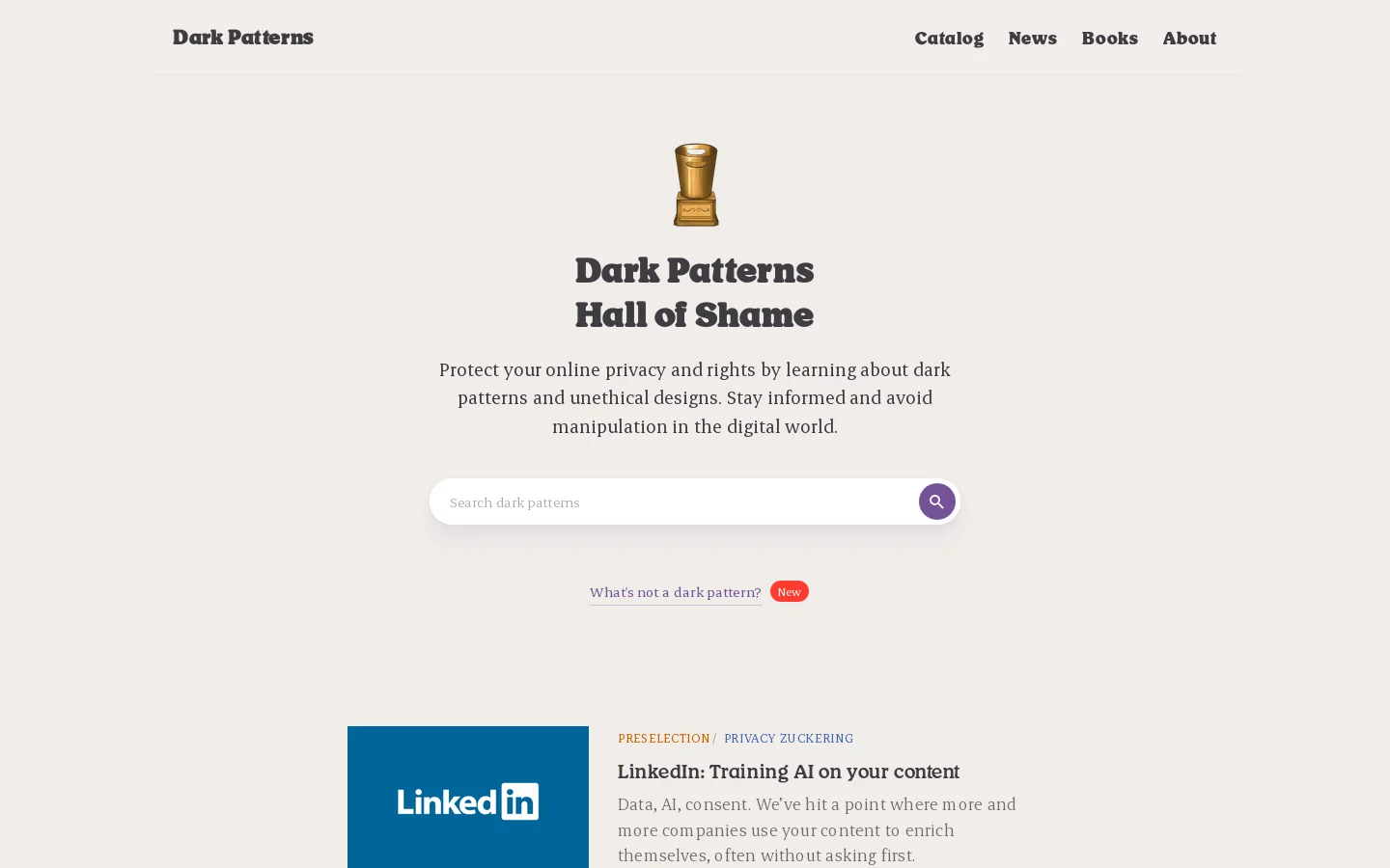 Dark Patterns Hall of Shame Homepage screenshot
