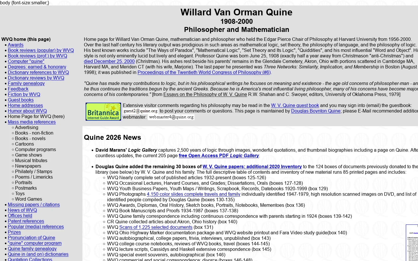 Willard Van Orman Quine home page by Douglas Boynton Quine Homepage screenshot