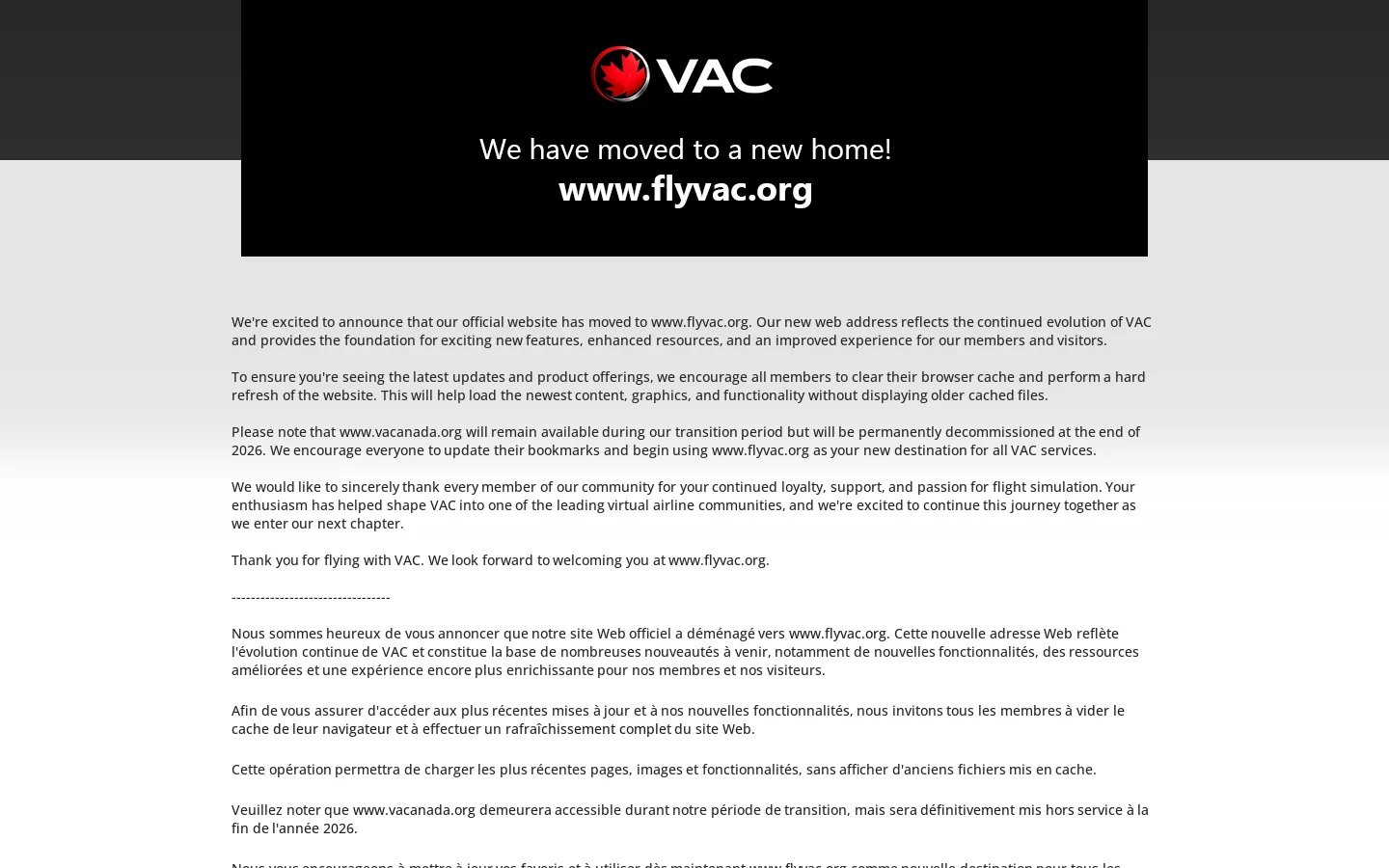 VAC - Canada's Premium Virtual Airline since 1998. Homepage screenshot