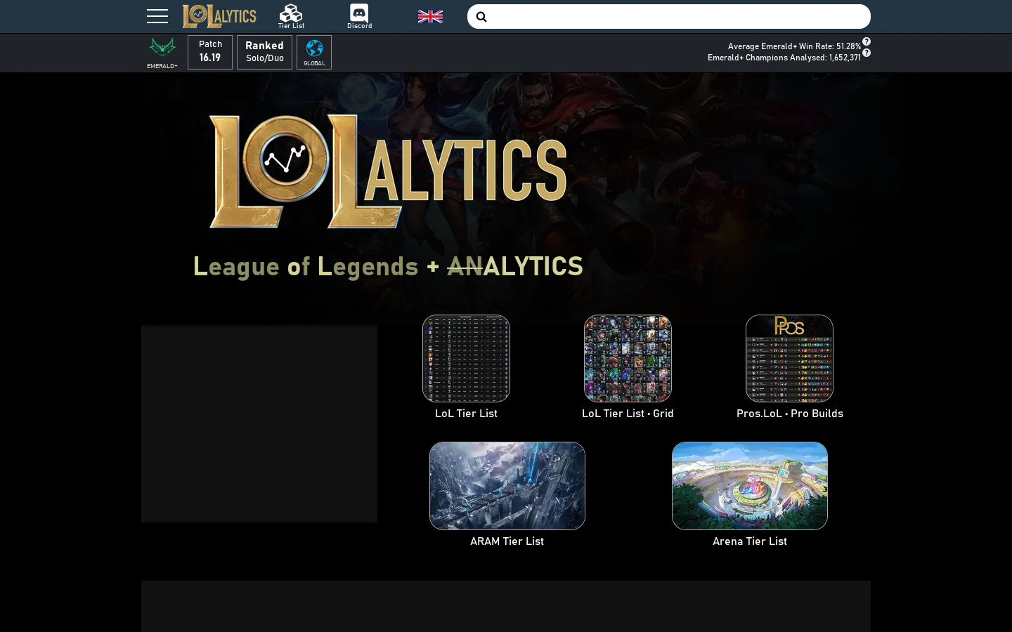 League of Legends Analytics • LoLalytics • Patch 16.19 Homepage screenshot