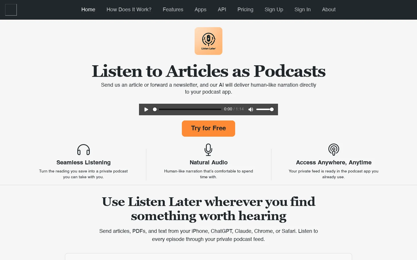 Listen Later, turn articles and newsletters into podcasts Homepage screenshot