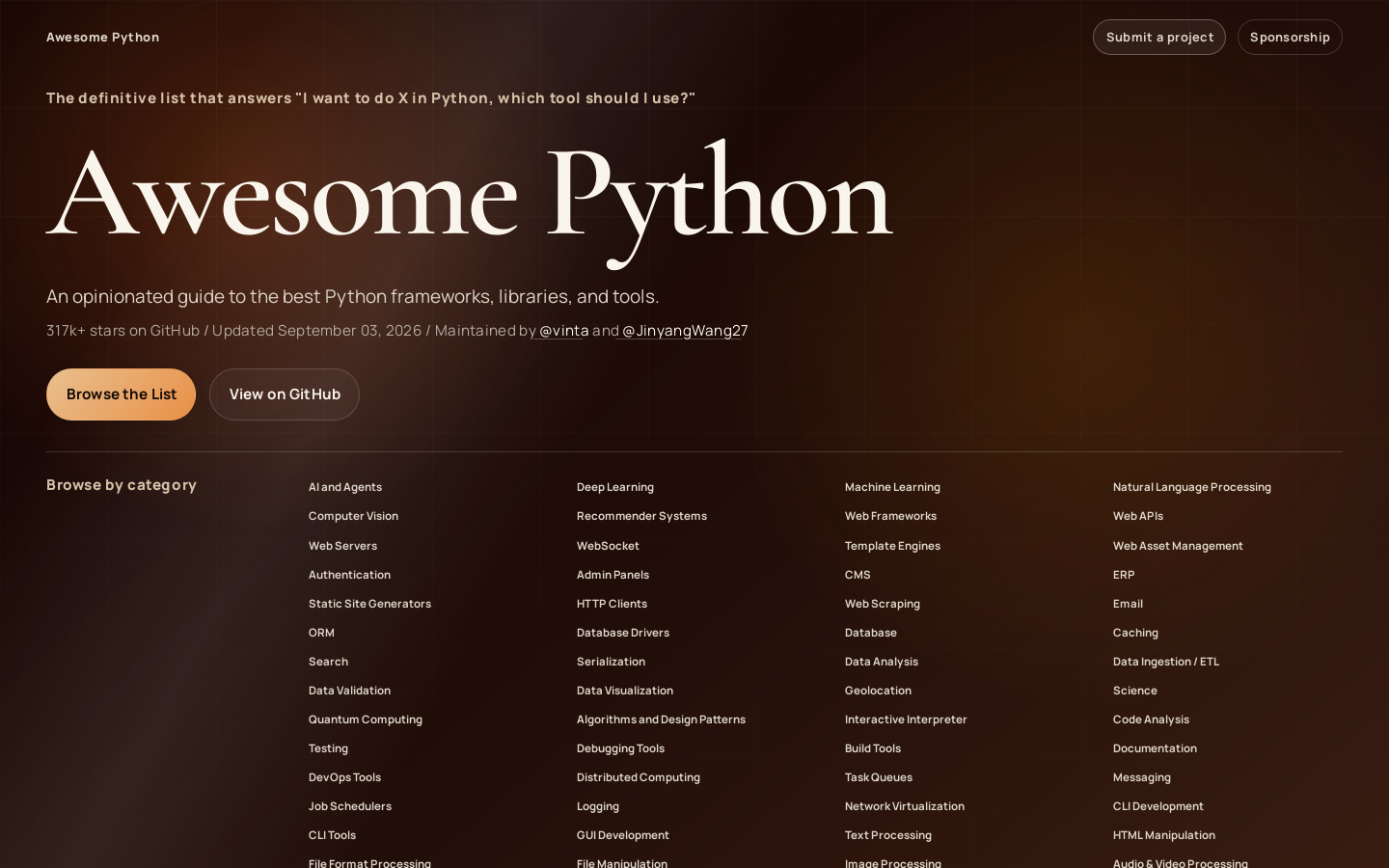 Awesome Python Homepage screenshot