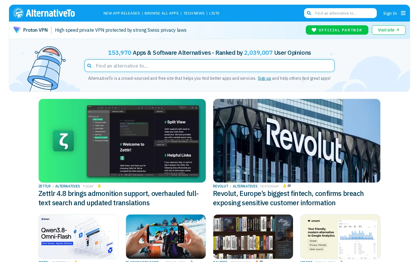 AlternativeTo Homepage screenshot